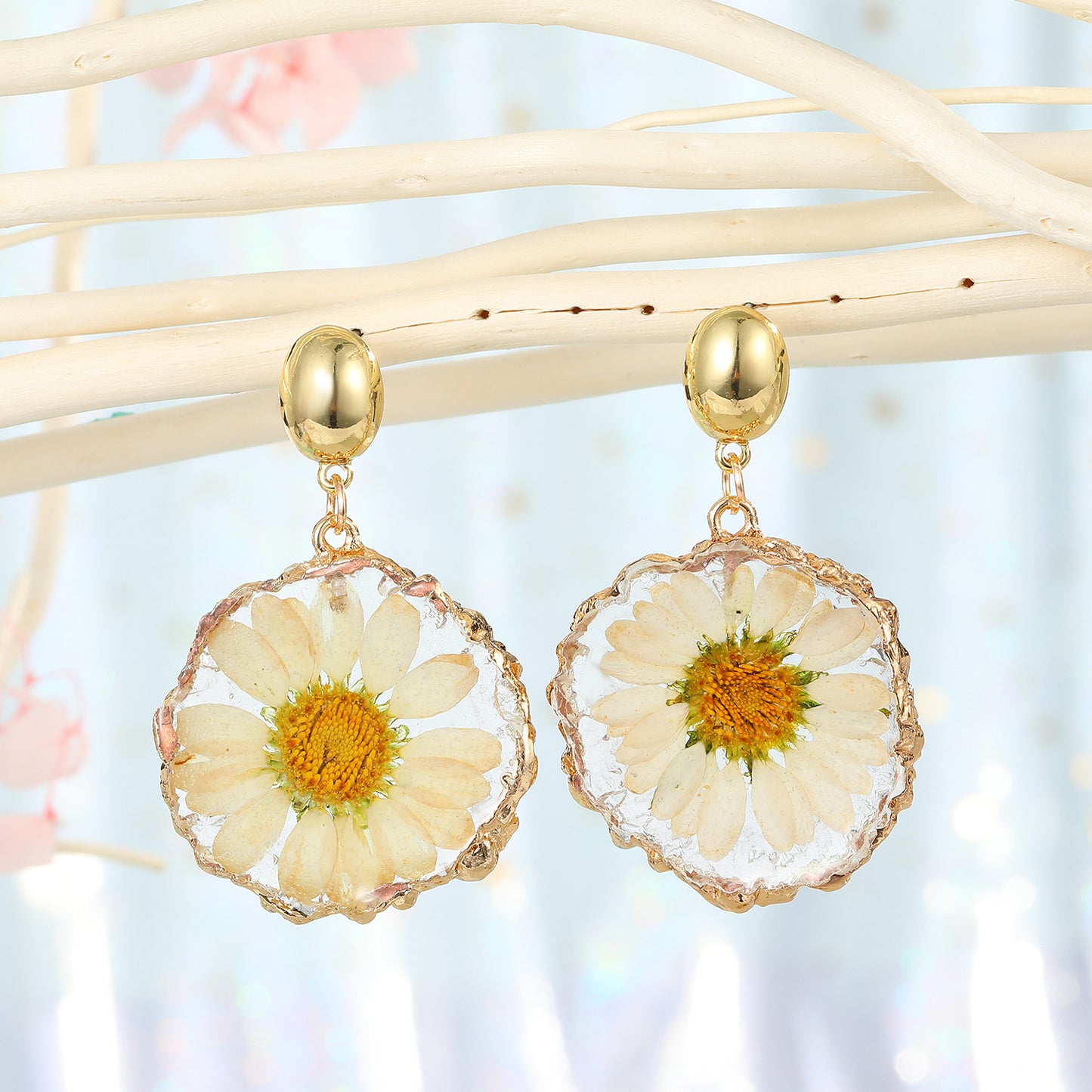 Real Daisy Pressed Dry Flower Resin Imitate Stone Earrings