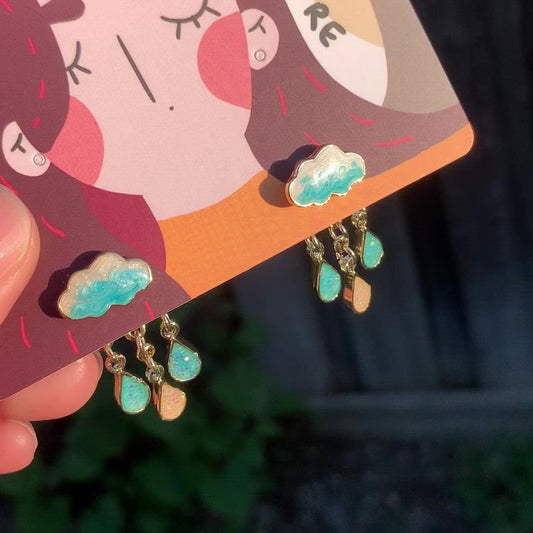 Oil Painted Cloud Raindrop Enamel 2 Ways to wear Earrings (S925 Post) #light blue Raindrops