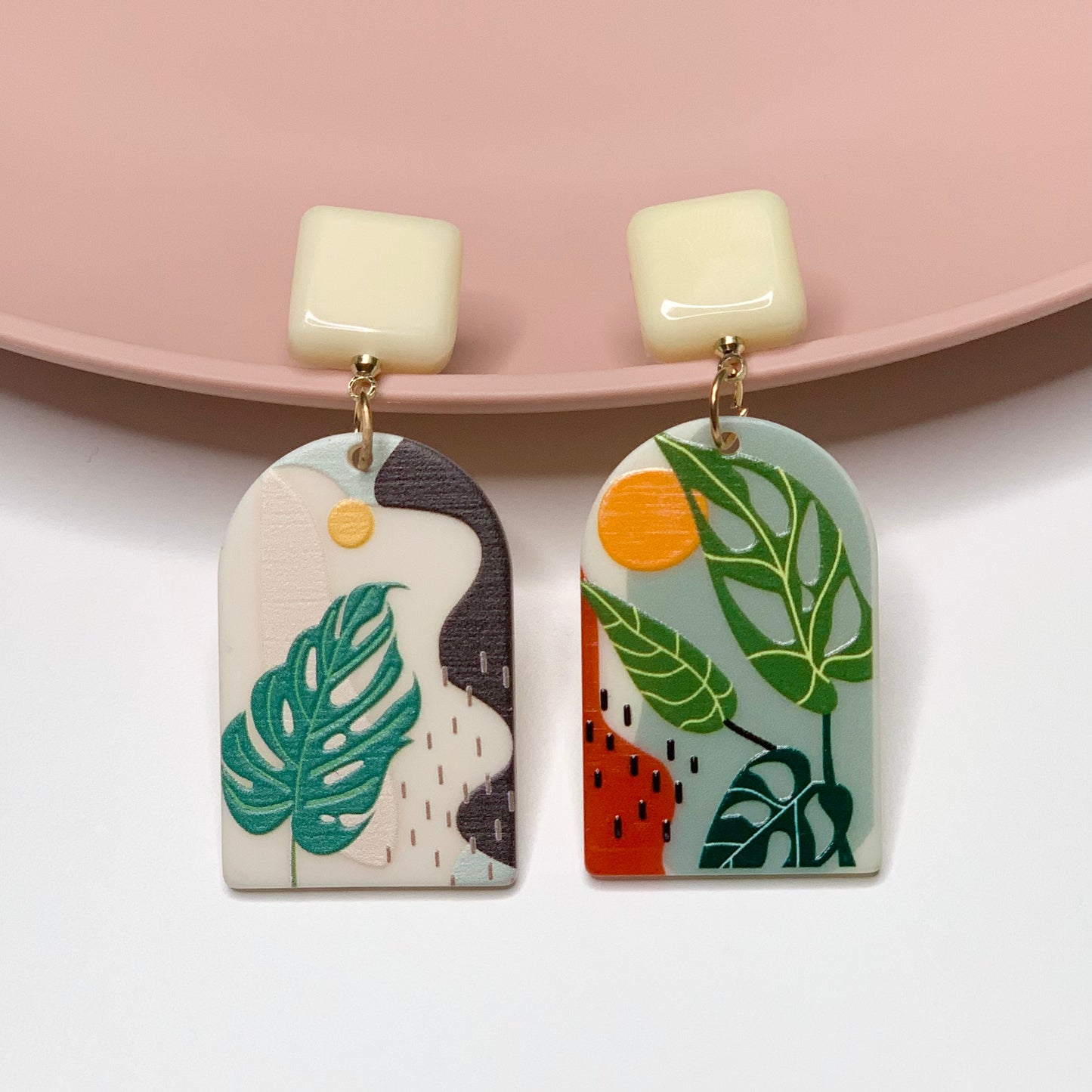 Asymmetric Monstera Swiss Cheese Acrylic 3D Matte Earrings (S925 post)