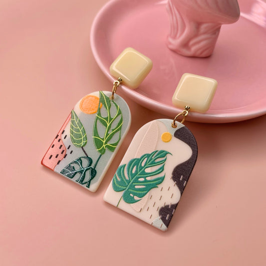 Asymmetric Monstera Swiss Cheese Acrylic 3D Matte Earrings (S925 post)