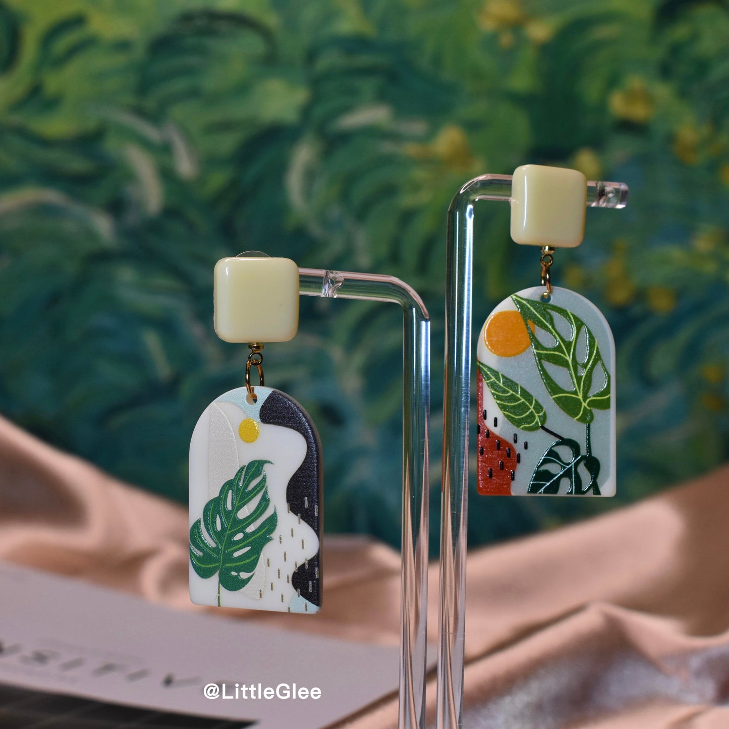 Asymmetric Monstera Swiss Cheese Acrylic 3D Matte Earrings (S925 post)