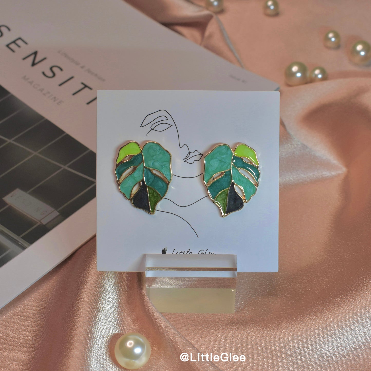 Asymmetric Variegated Monstera Enamel Leaf Drop Pendant Earrings #Green (Stainless steel post)