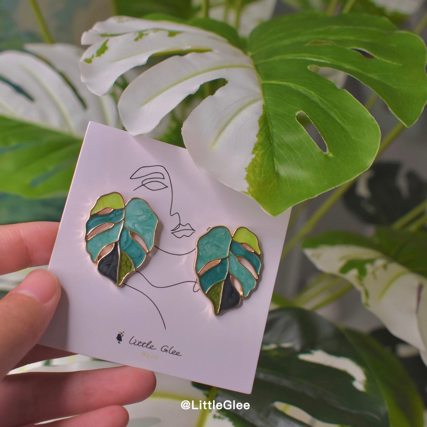 Asymmetric Variegated Monstera Enamel Leaf Drop Pendant Earrings #Green (Stainless steel post)