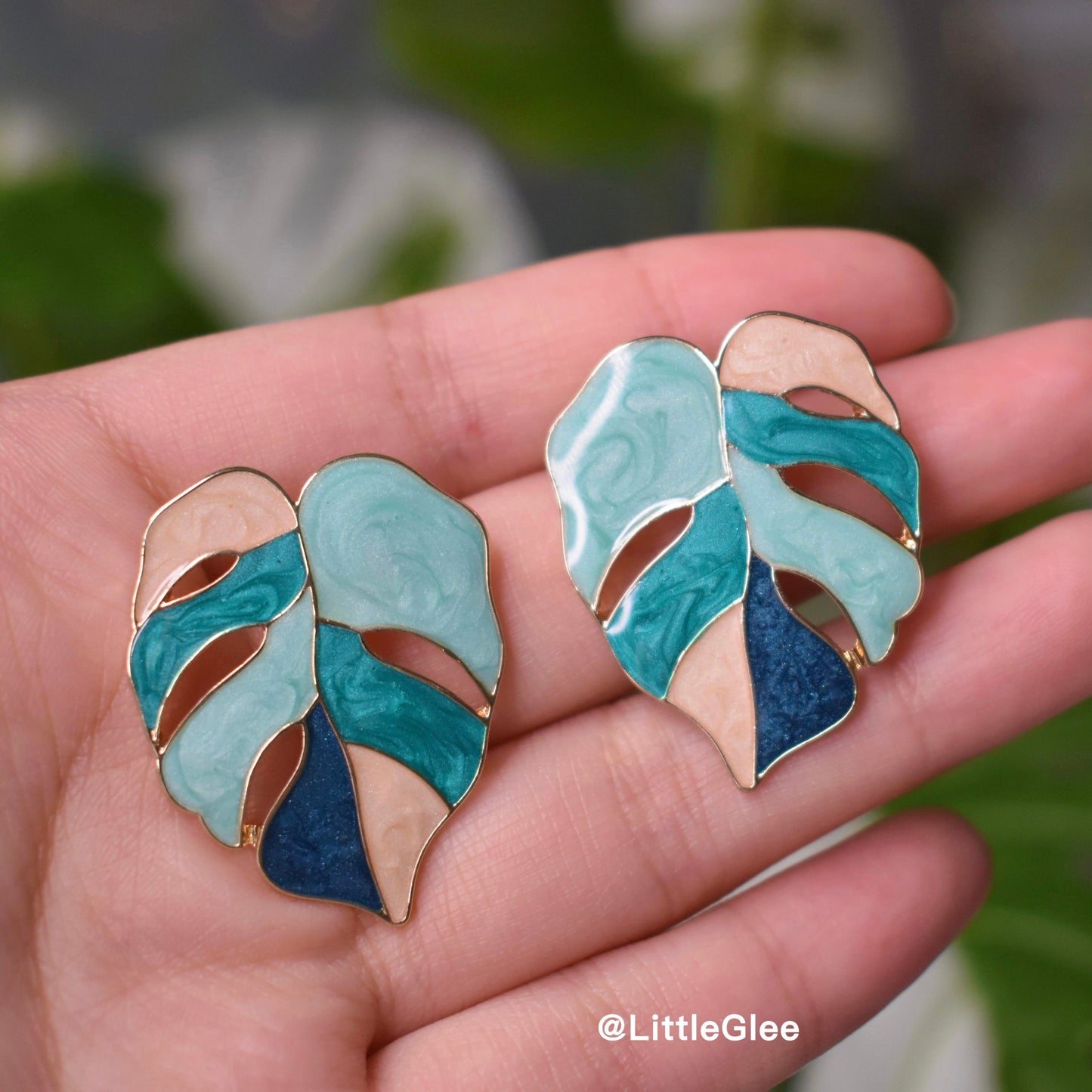 Variegated Monstera Enamel Leaf Drop Pendant Earrings (S925 Post) #Blue Pink