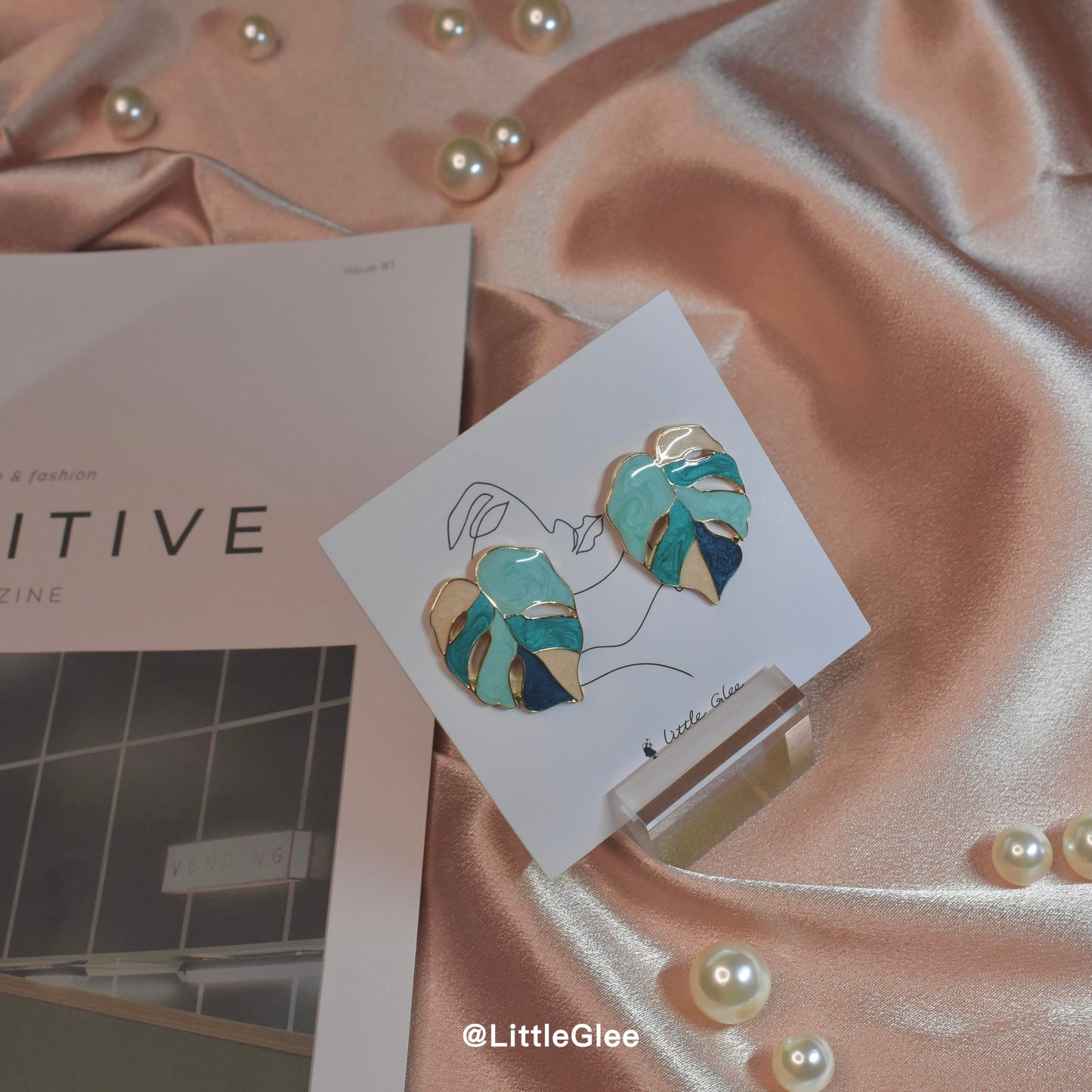 Variegated Monstera Enamel Leaf Drop Pendant Earrings (S925 Post) #Blue Pink