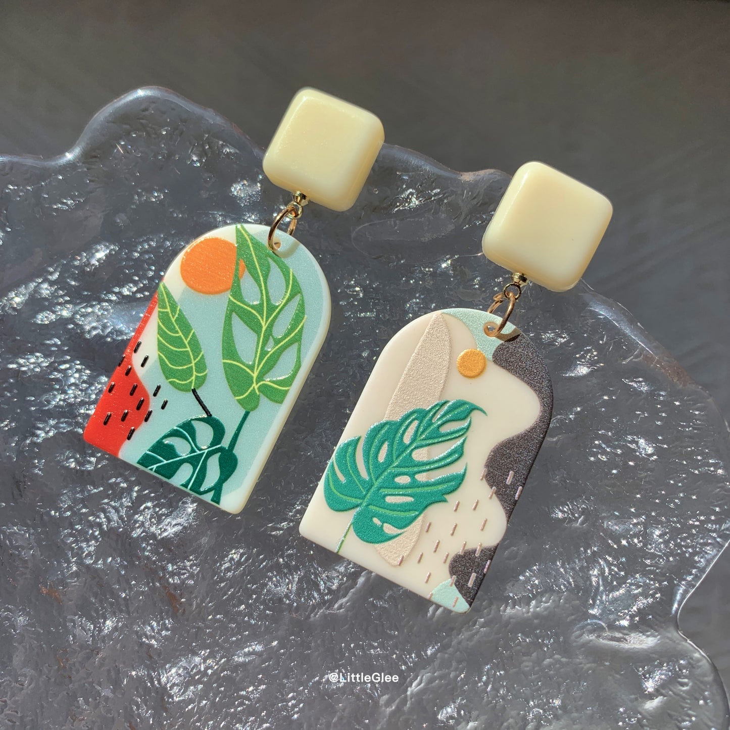 Asymmetric Monstera Swiss Cheese Acrylic 3D Matte Earrings (S925 post)