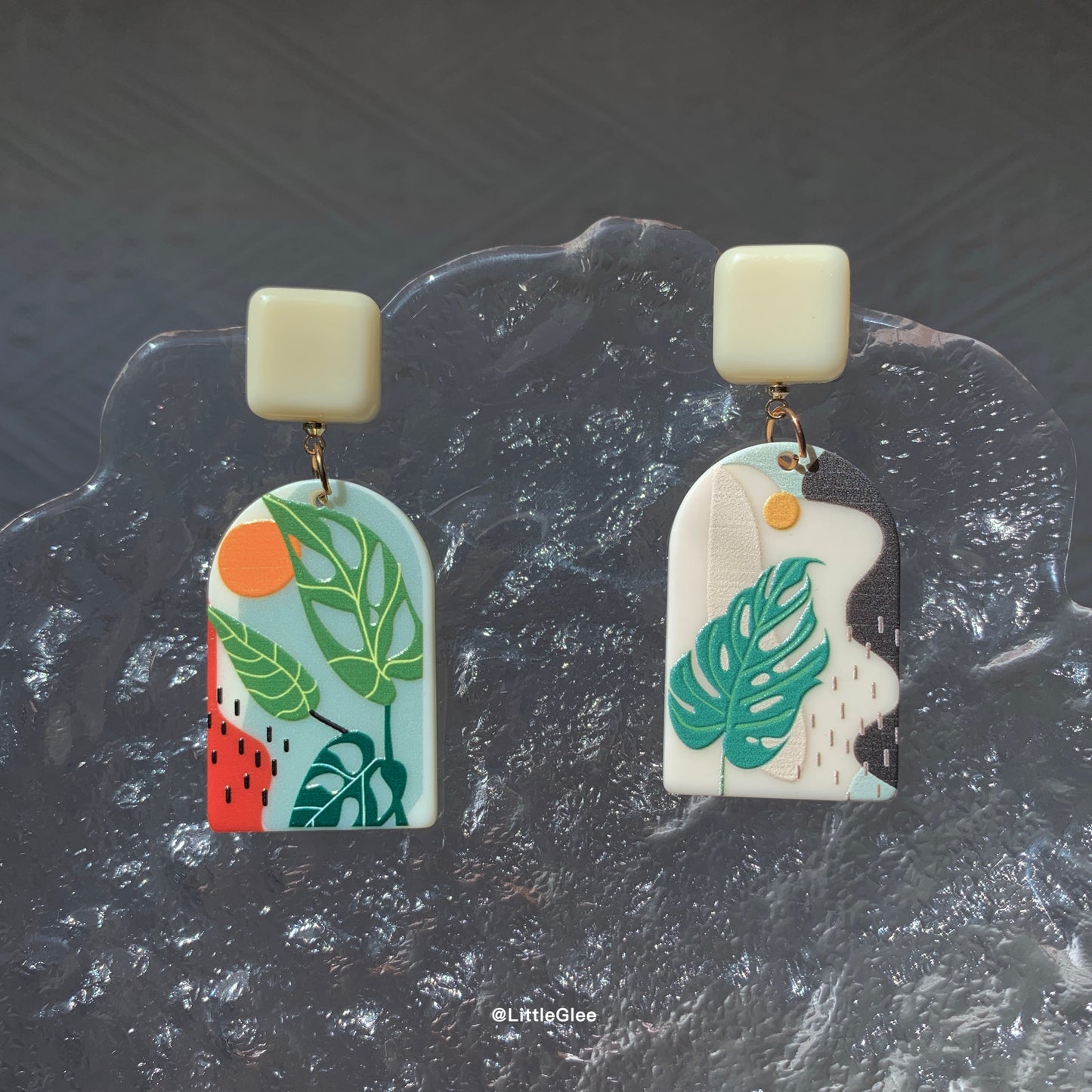 Asymmetric Monstera Swiss Cheese Acrylic 3D Matte Earrings (S925 post)
