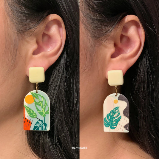 Asymmetric Monstera Swiss Cheese Acrylic 3D Matte Earrings (S925 post)