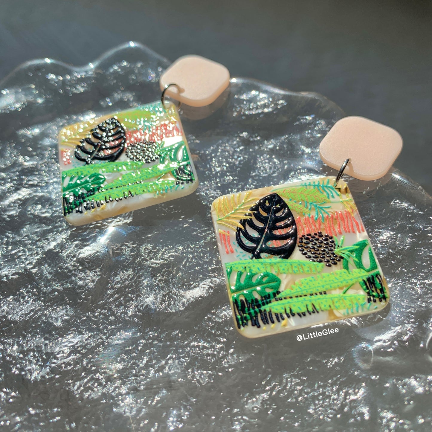 Black Monstera Plant Group Acrylic Emboss Earrings (S925 Post)