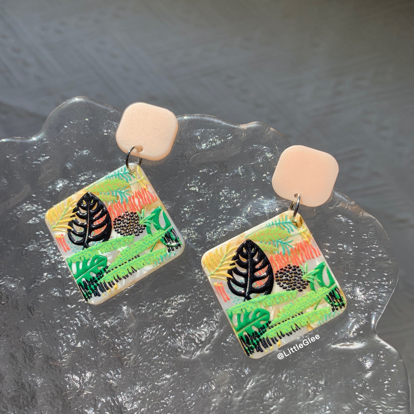 Black Monstera Plant Group Acrylic Emboss Earrings (S925 Post)