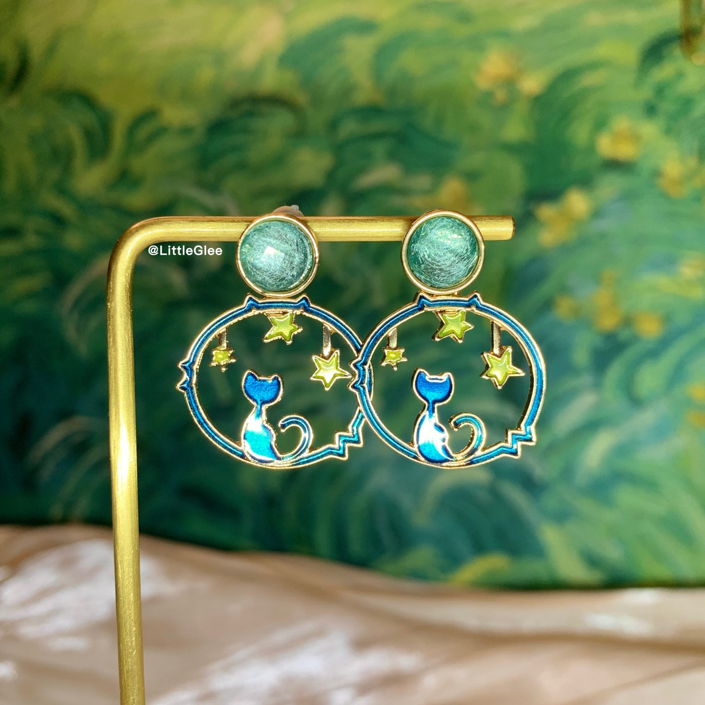 Blue Cat Starry Night Enamel Earrings (S925 Post)