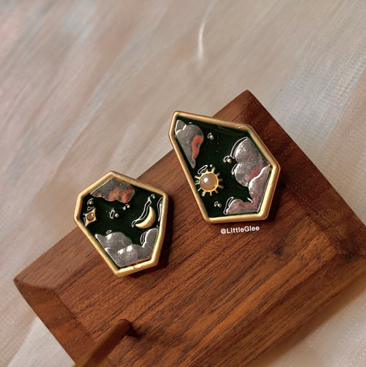 Asymmetric Vintage Geometry Sun Moon Sky Enamel With Faux Pearl Earrings (S925 Post)
