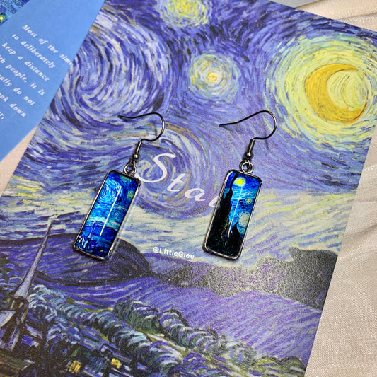 Van Gogh Starry Night Curve Glass Earring (Stainless Steel Post)