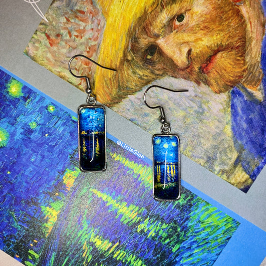 Van Gogh Starry Night Over the Rhone Curve Glass Earring (Stainless Steel Post)