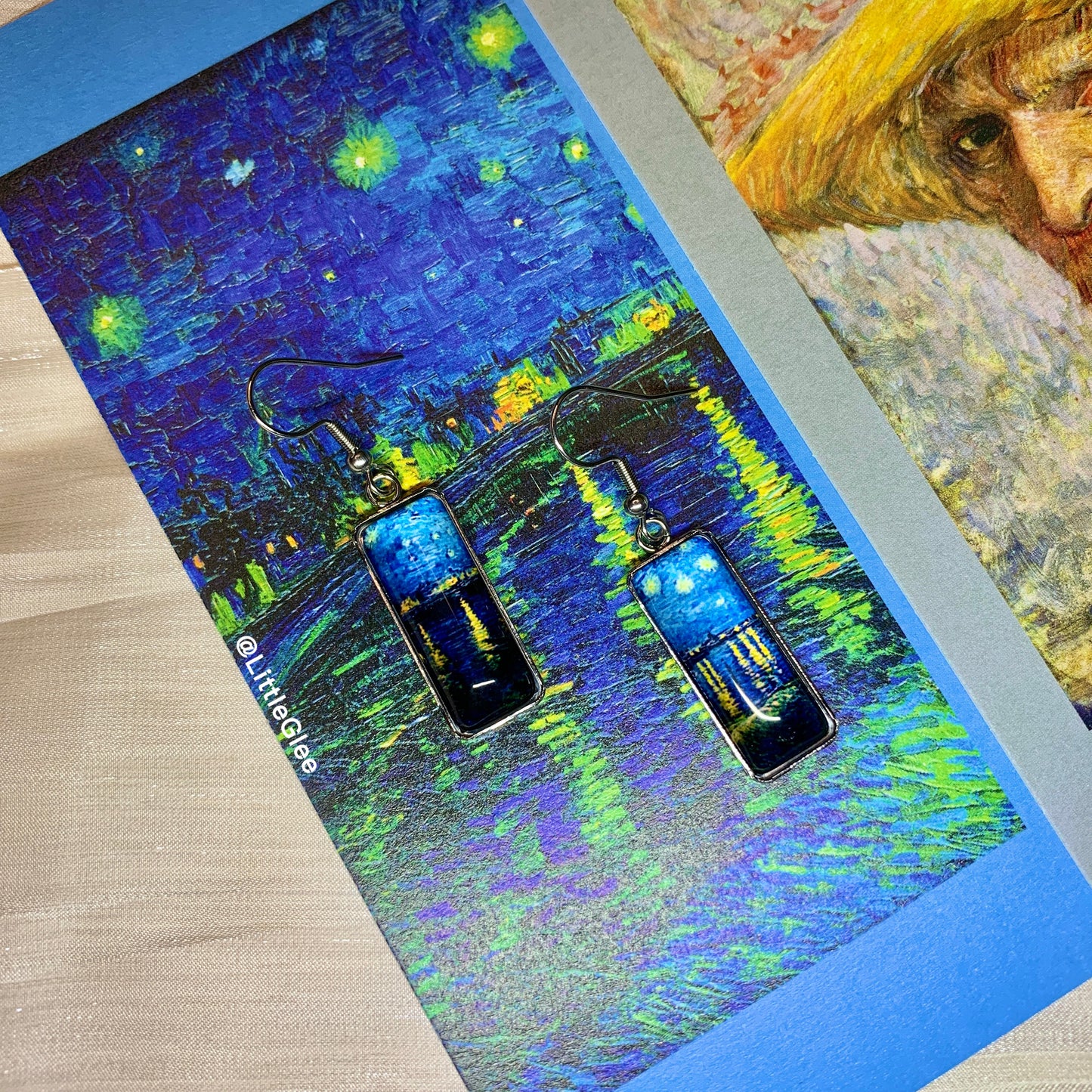 Van Gogh Starry Night Over the Rhone Curve Glass Earring (Stainless Steel Post)