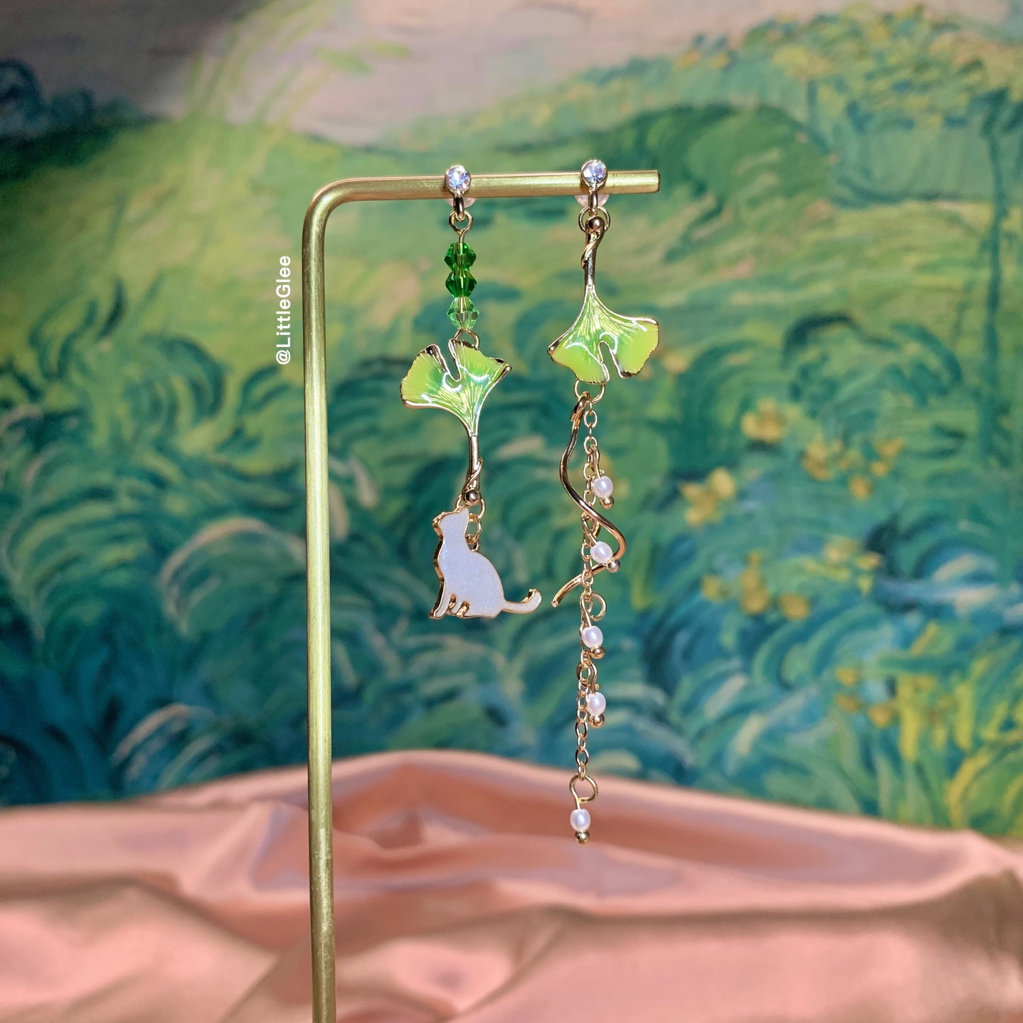 Asymmetric Cat with Green Gingko Leaf Enamel Earrings (S925 Post)