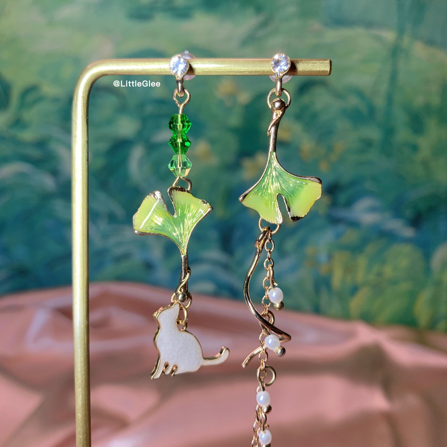 Asymmetric Cat with Green Gingko Leaf Enamel Earrings (S925 Post)