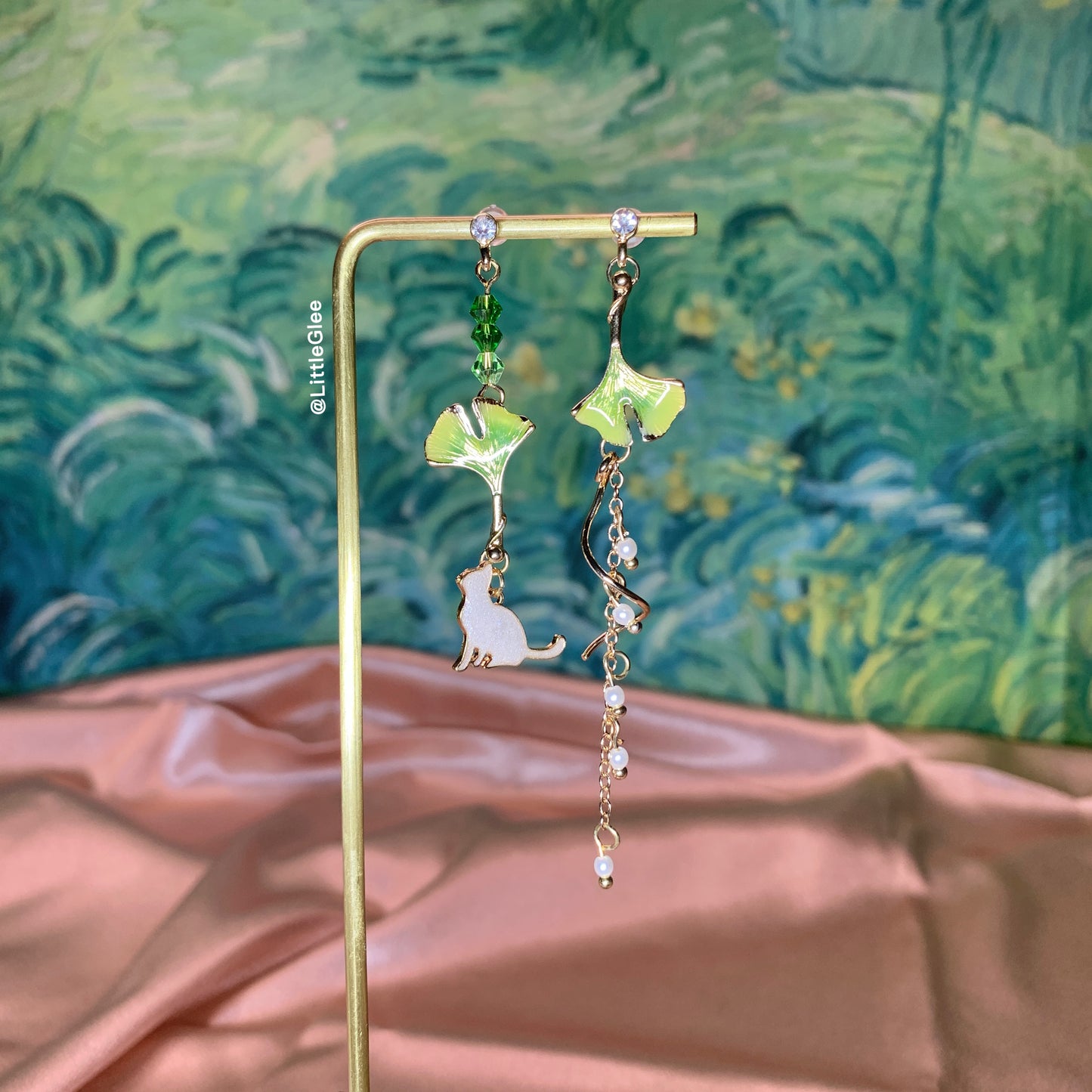 Asymmetric Cat with Green Gingko Leaf Enamel Earrings (S925 Post)