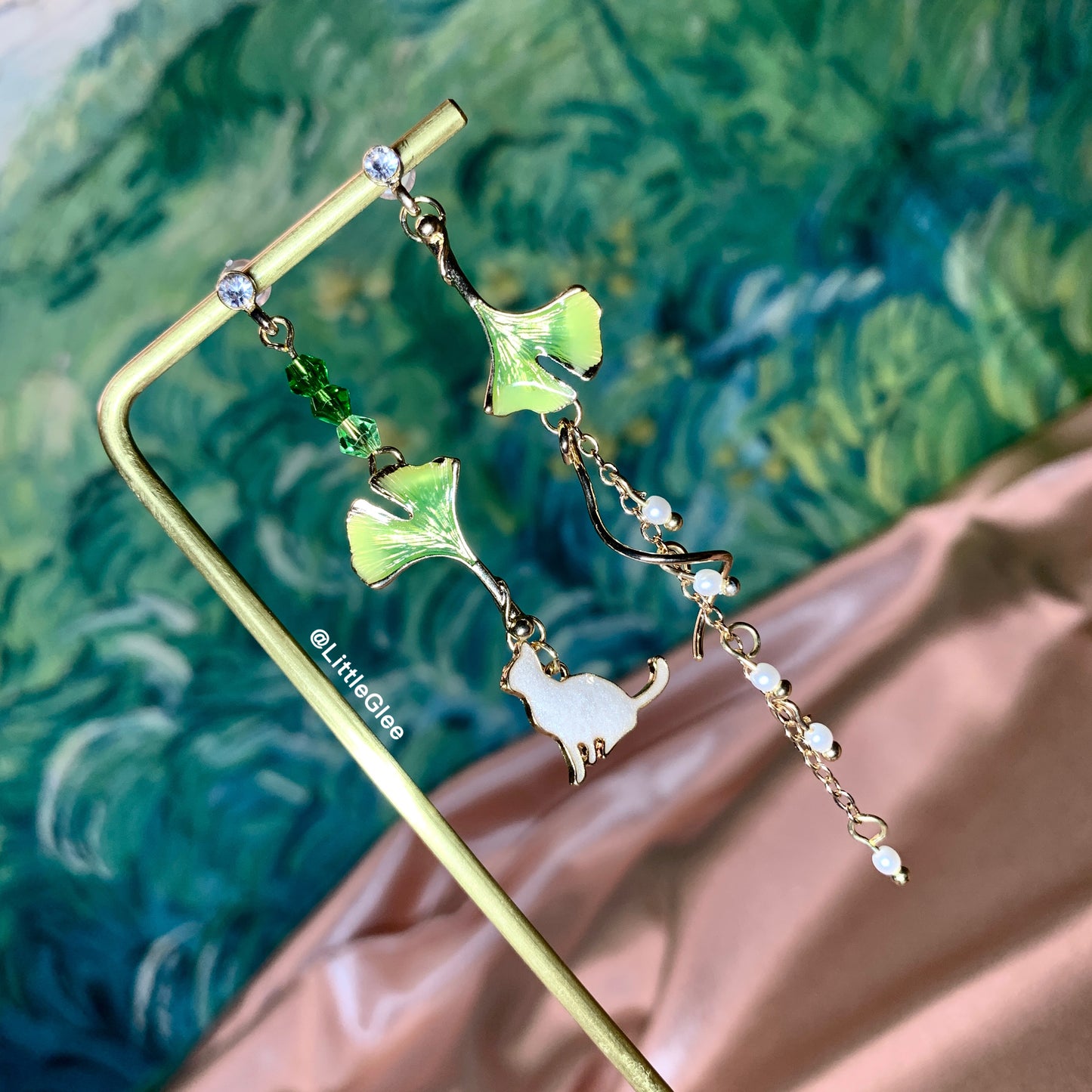 Asymmetric Cat with Green Gingko Leaf Enamel Earrings (S925 Post)