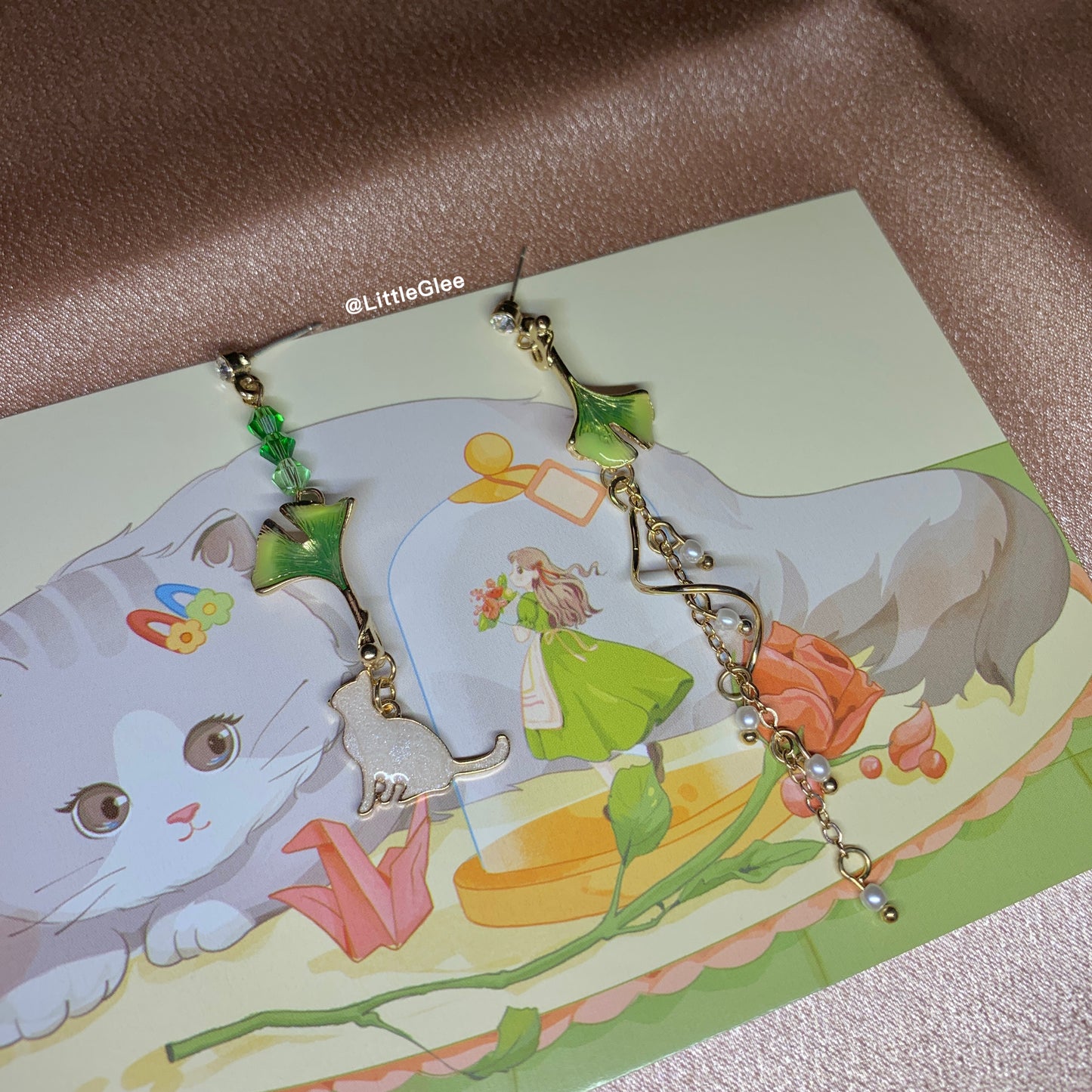 Asymmetric Cat with Green Gingko Leaf Enamel Earrings (S925 Post)
