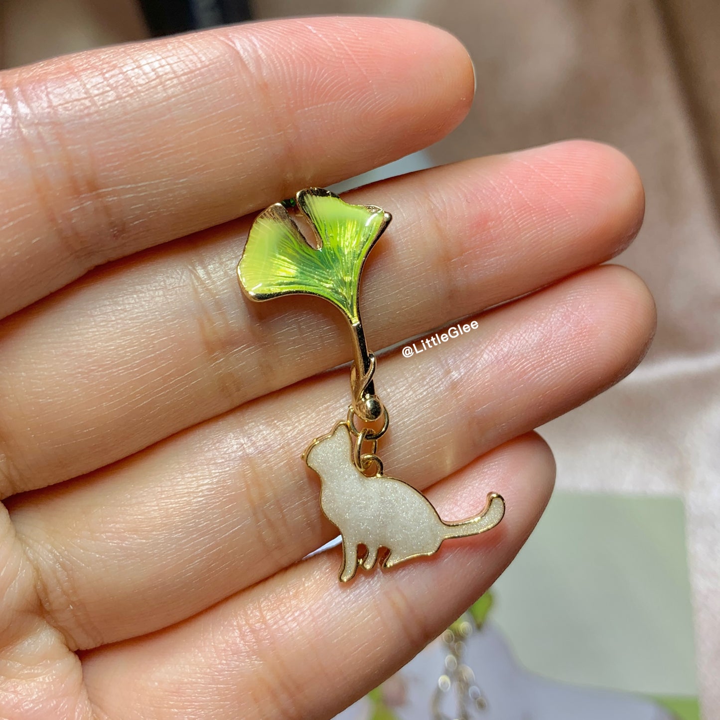 Asymmetric Cat with Green Gingko Leaf Enamel Earrings (S925 Post)