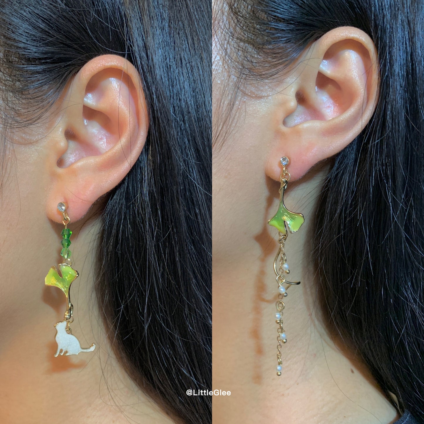 Asymmetric Cat with Green Gingko Leaf Enamel Earrings (S925 Post)