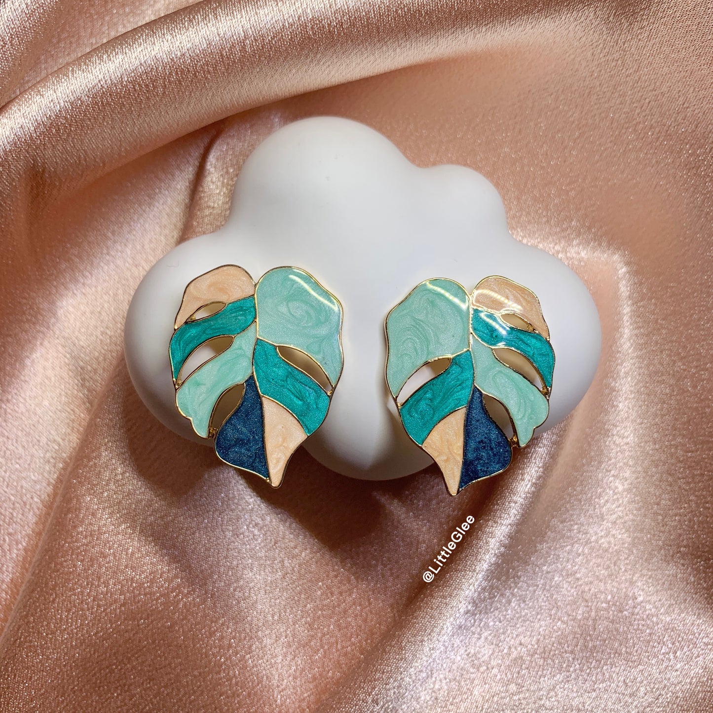 Variegated Monstera Enamel Leaf Drop Pendant Earrings (S925 Post) #Blue Pink