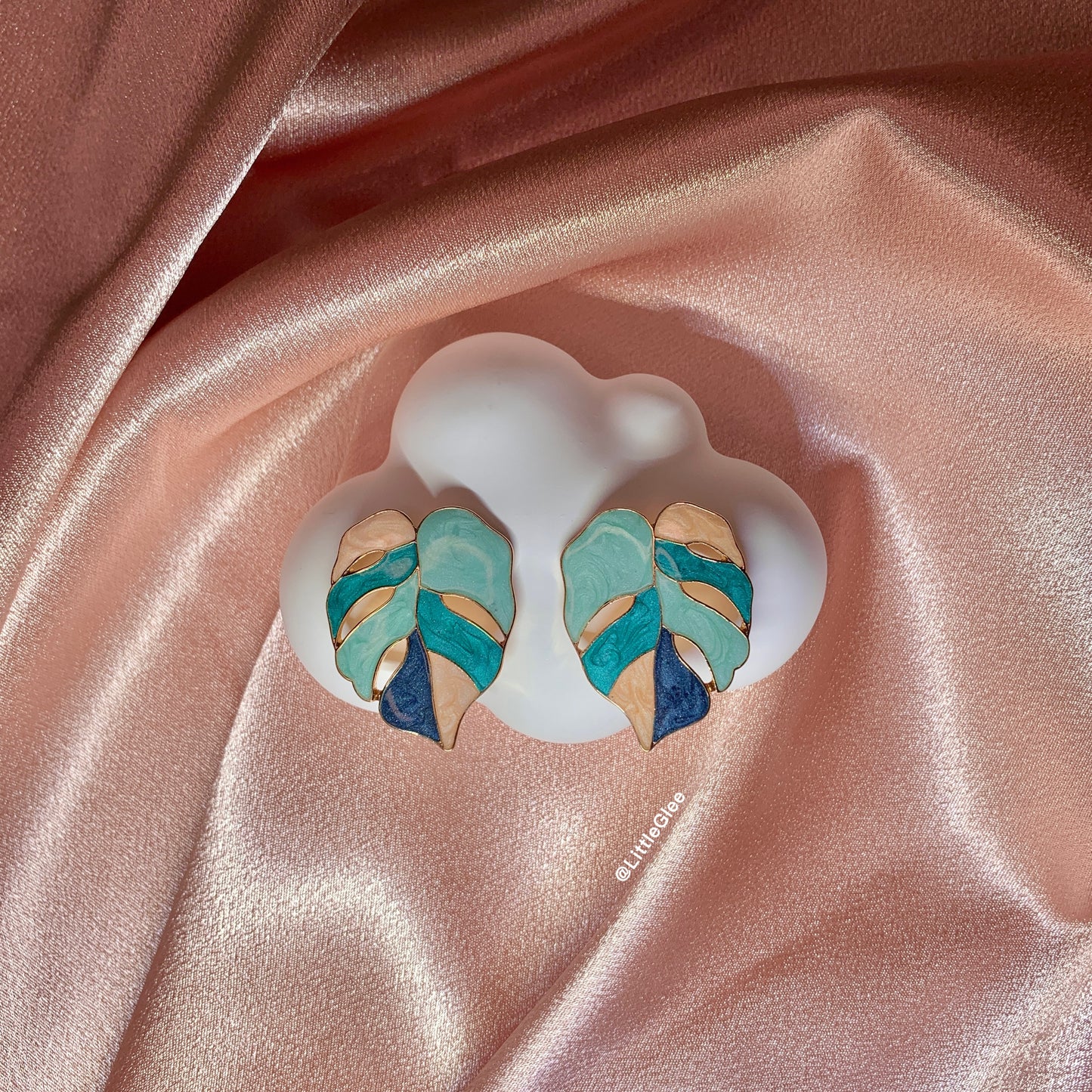 Variegated Monstera Enamel Leaf Drop Pendant Earrings (S925 Post) #Blue Pink