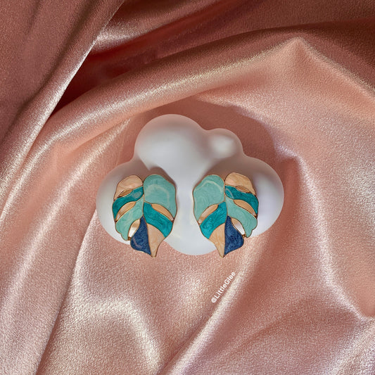 Variegated Monstera Enamel Leaf Drop Pendant Earrings (S925 Post) #Blue Pink