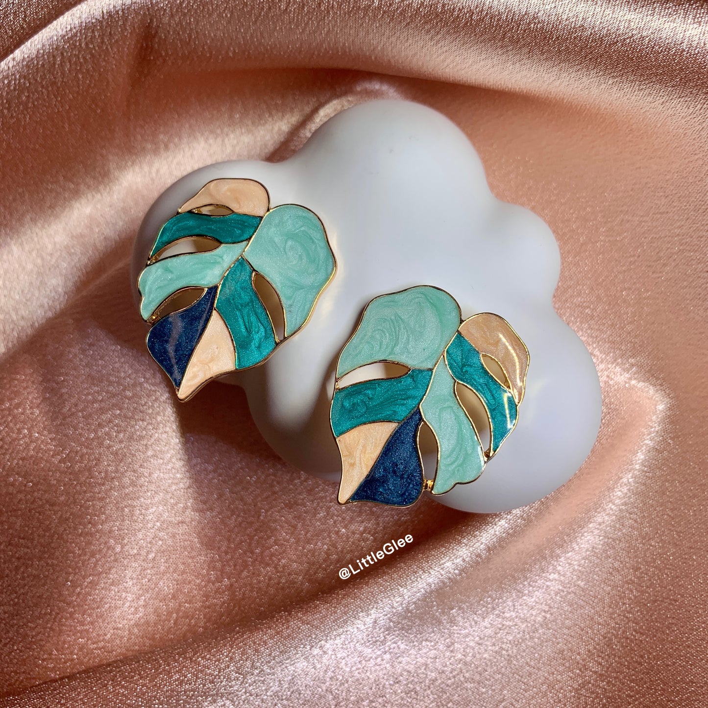 Variegated Monstera Enamel Leaf Drop Pendant Earrings (S925 Post) #Blue Pink