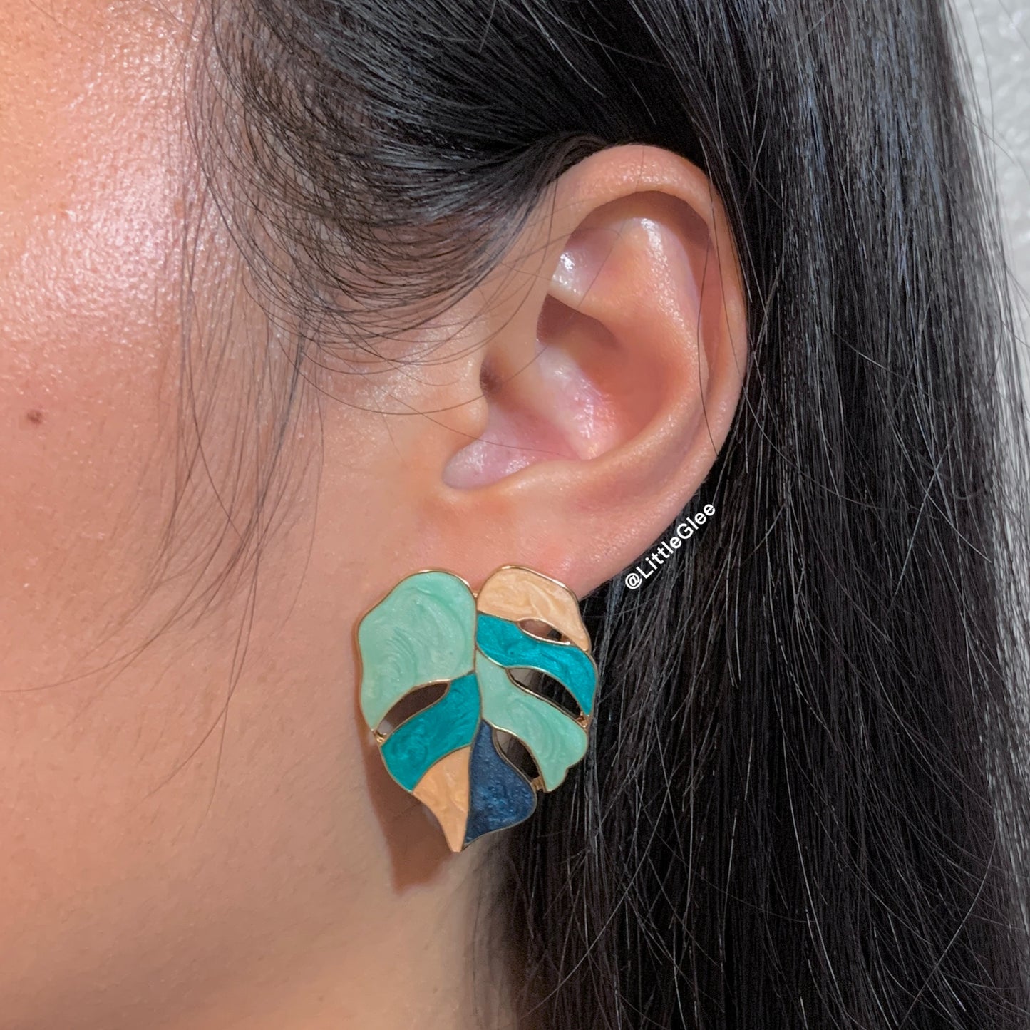 Variegated Monstera Enamel Leaf Drop Pendant Earrings (S925 Post) #Blue Pink