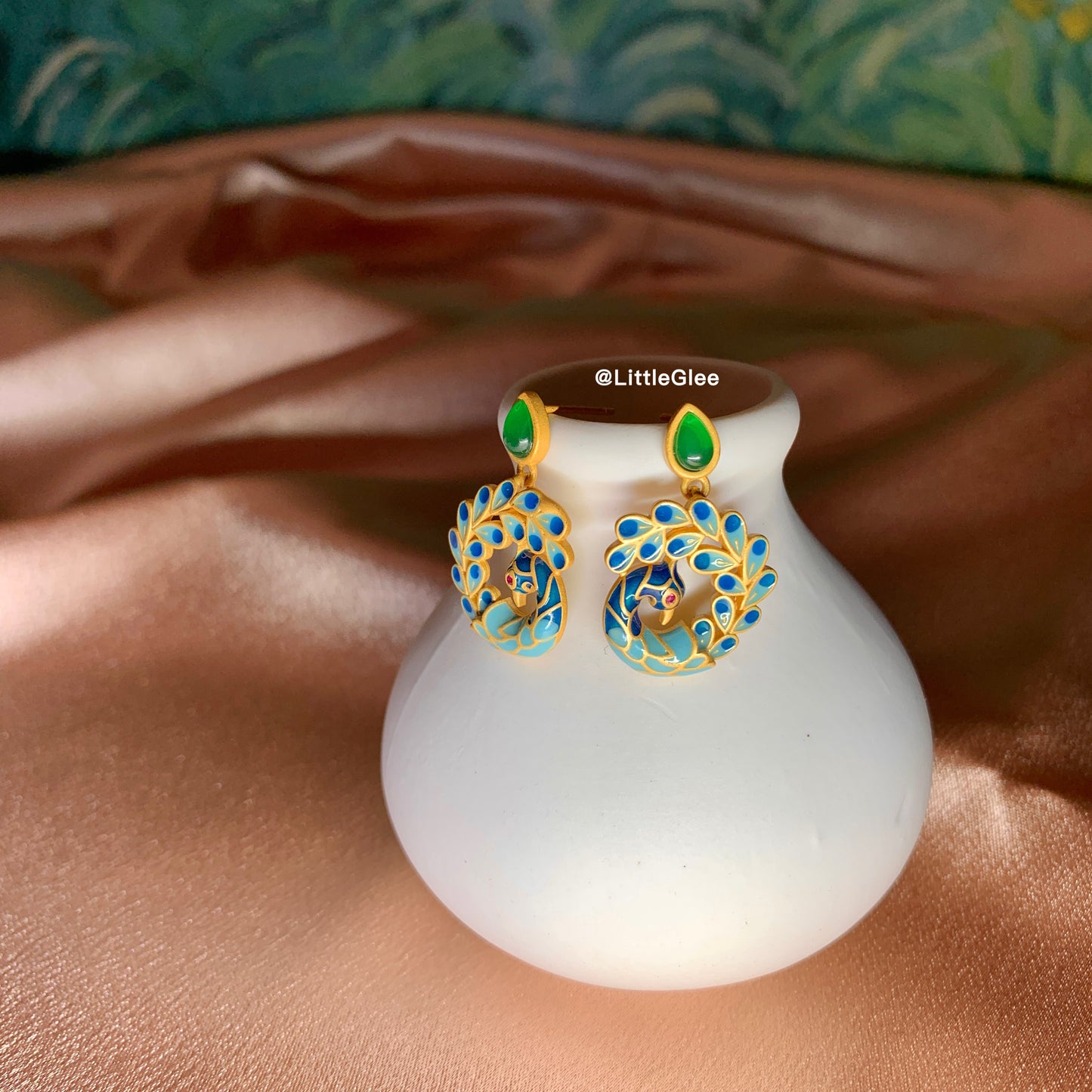 Asymmetric Vintage Peacock Hand Painted Enamel 4K Gold Covered Earrings (S925 Post)