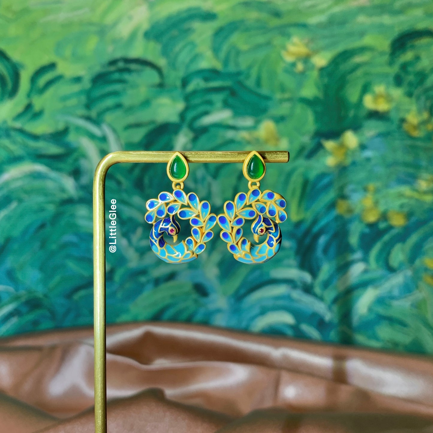 Asymmetric Vintage Peacock Hand Painted Enamel 4K Gold Covered Earrings (S925 Post)