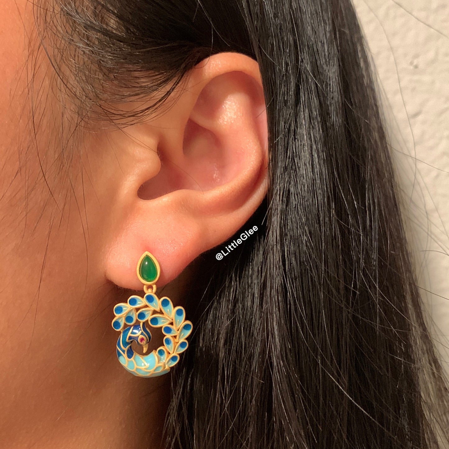 Asymmetric Vintage Peacock Hand Painted Enamel 4K Gold Covered Earrings (S925 Post)