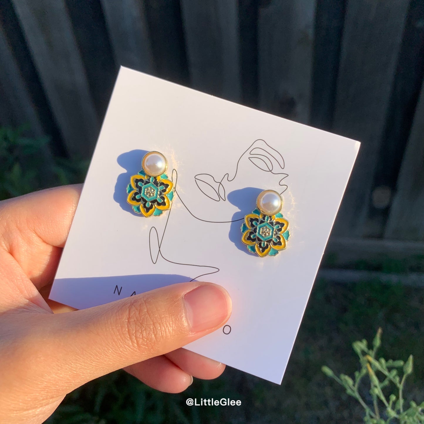 Vintage Enamel Pearls Hexagram Earrings (Silver with Copper Post)