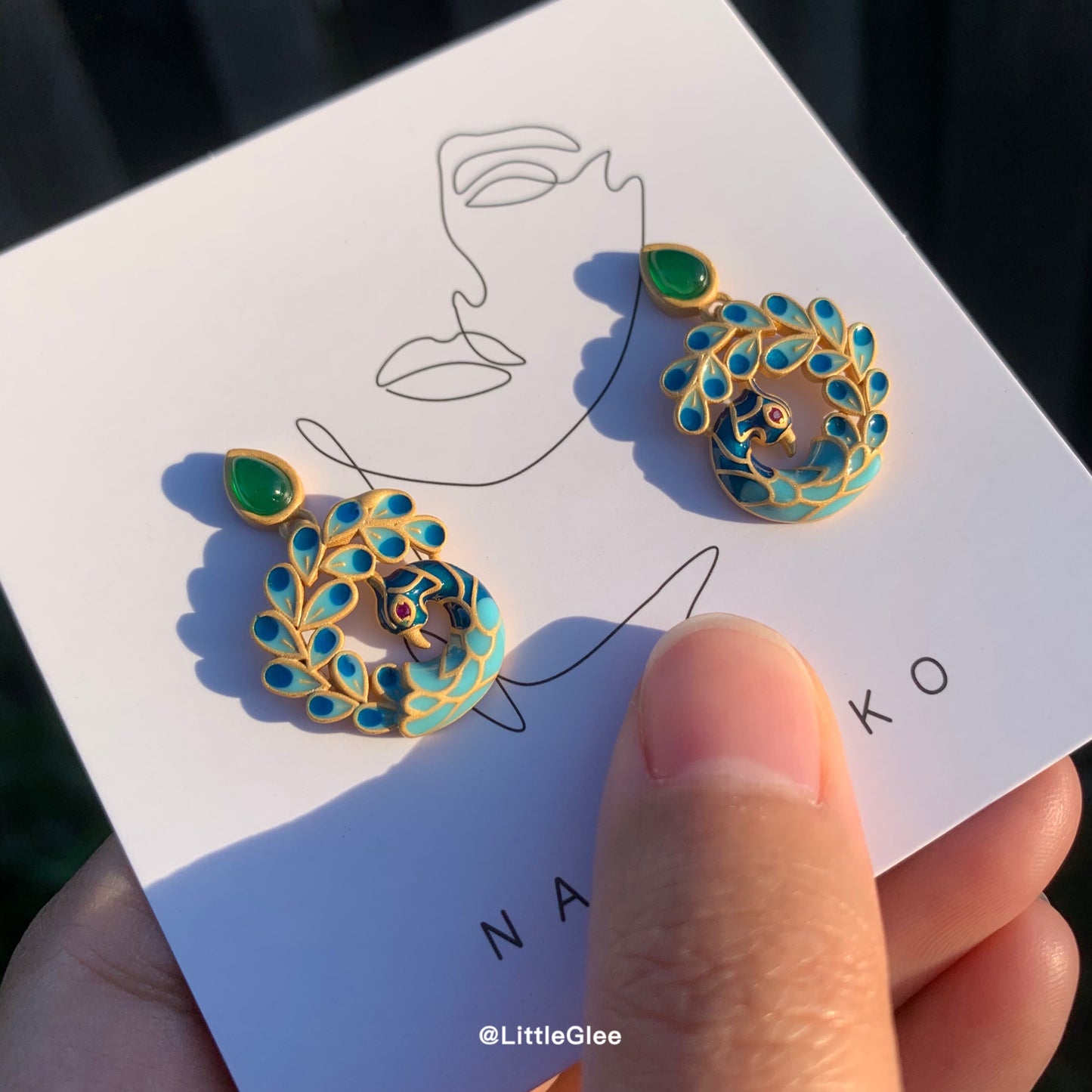 Asymmetric Vintage Peacock Hand Painted Enamel 4K Gold Covered Earrings (S925 Post)