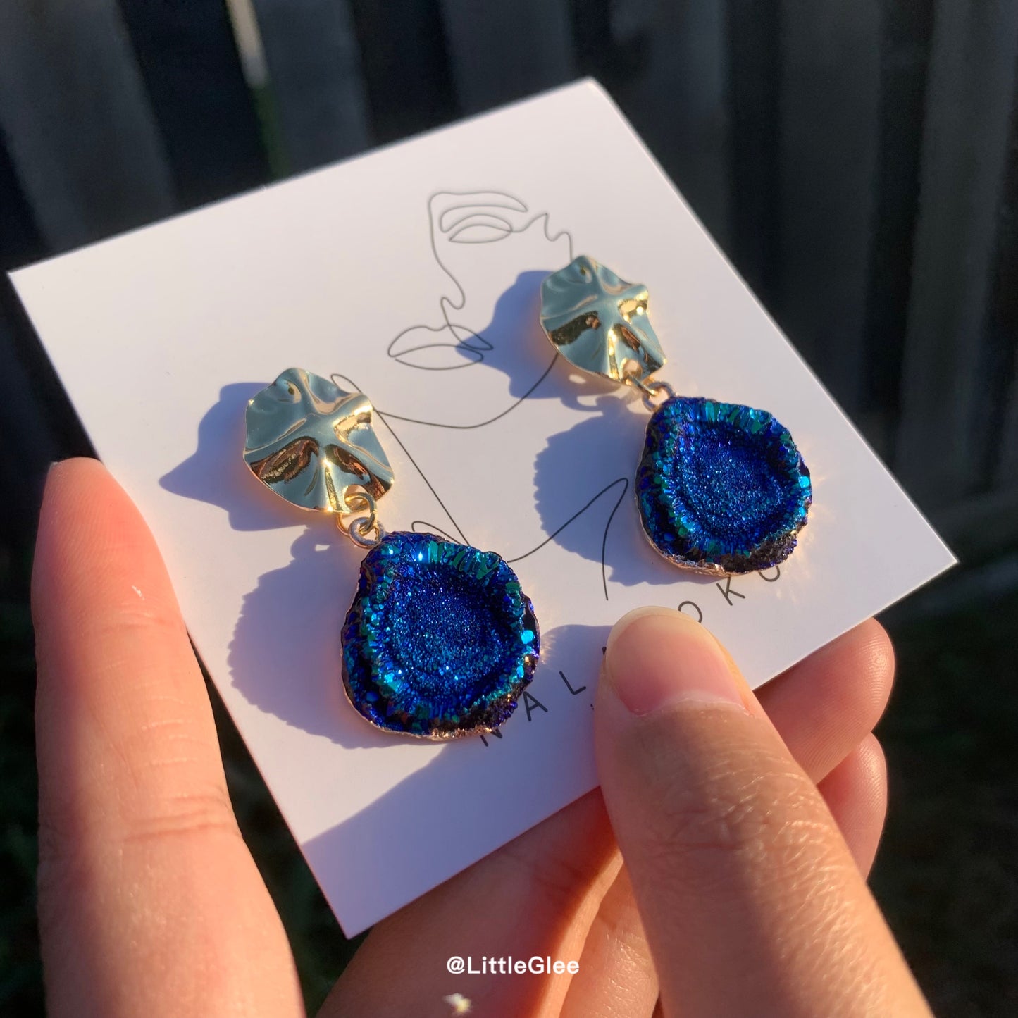 Vintage Gold Blue Green Imitation GemStone Geometry Irregular Earrings (S925 Post) #round