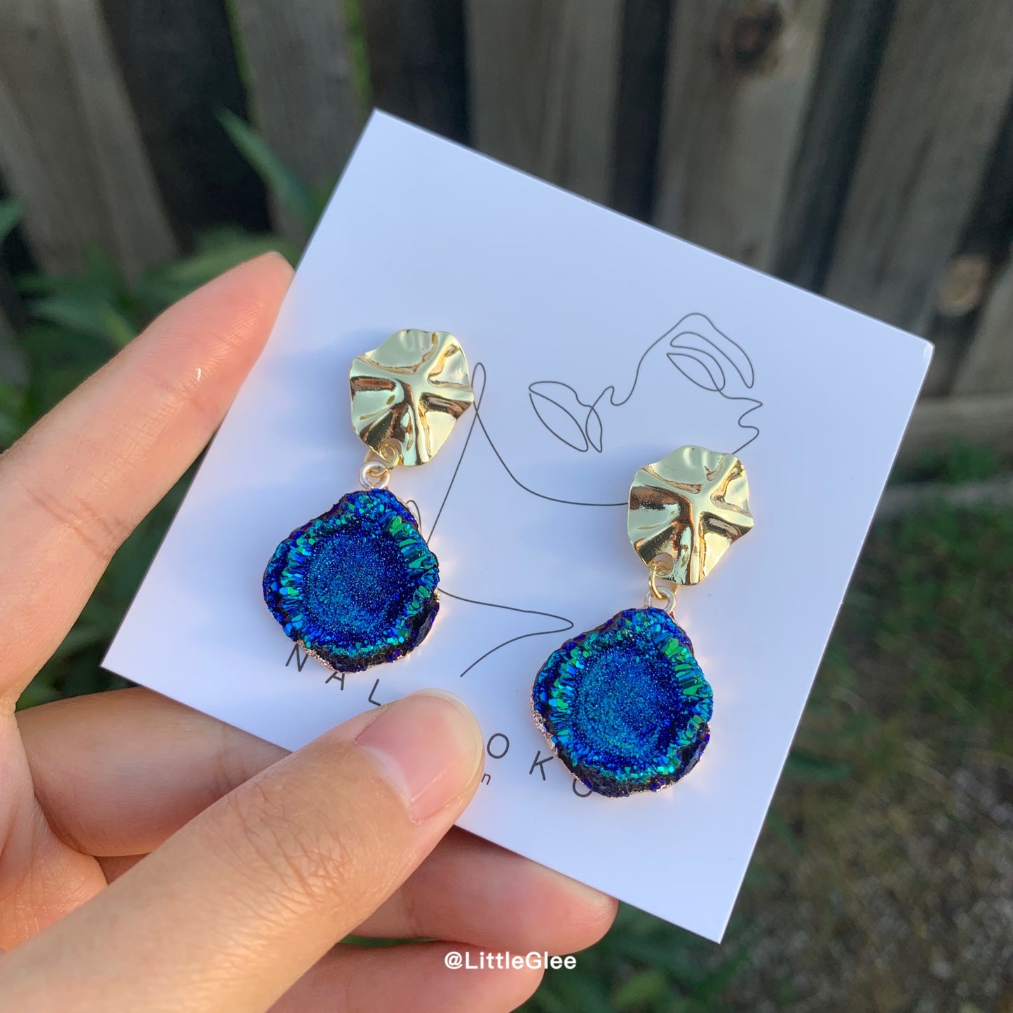 Vintage Gold Blue Green Imitation GemStone Geometry Irregular Earrings (S925 Post) #round