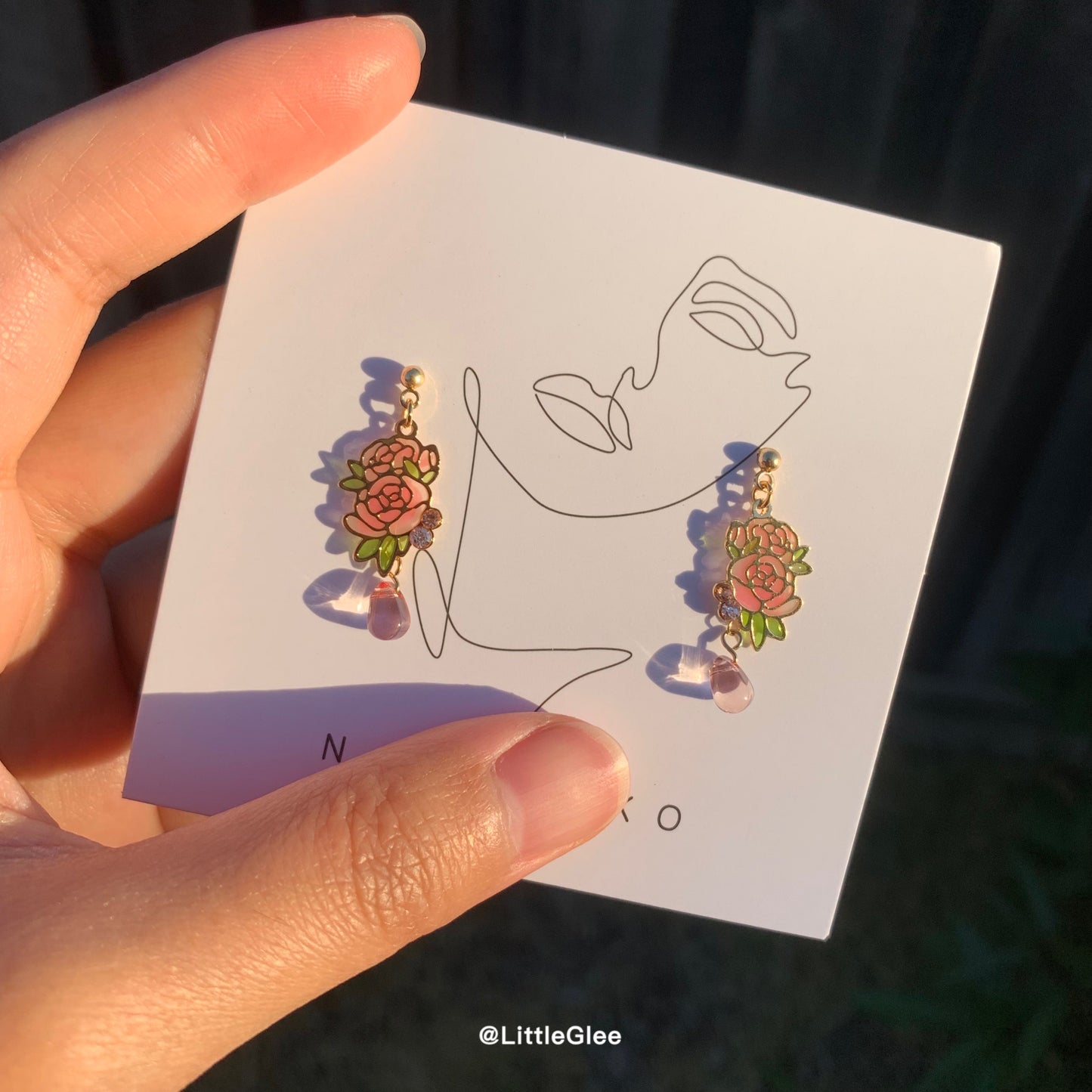 Asymmetric Elegant Engrave Pink Chinese Peony Enamel Resign Earrings (S925 Post)