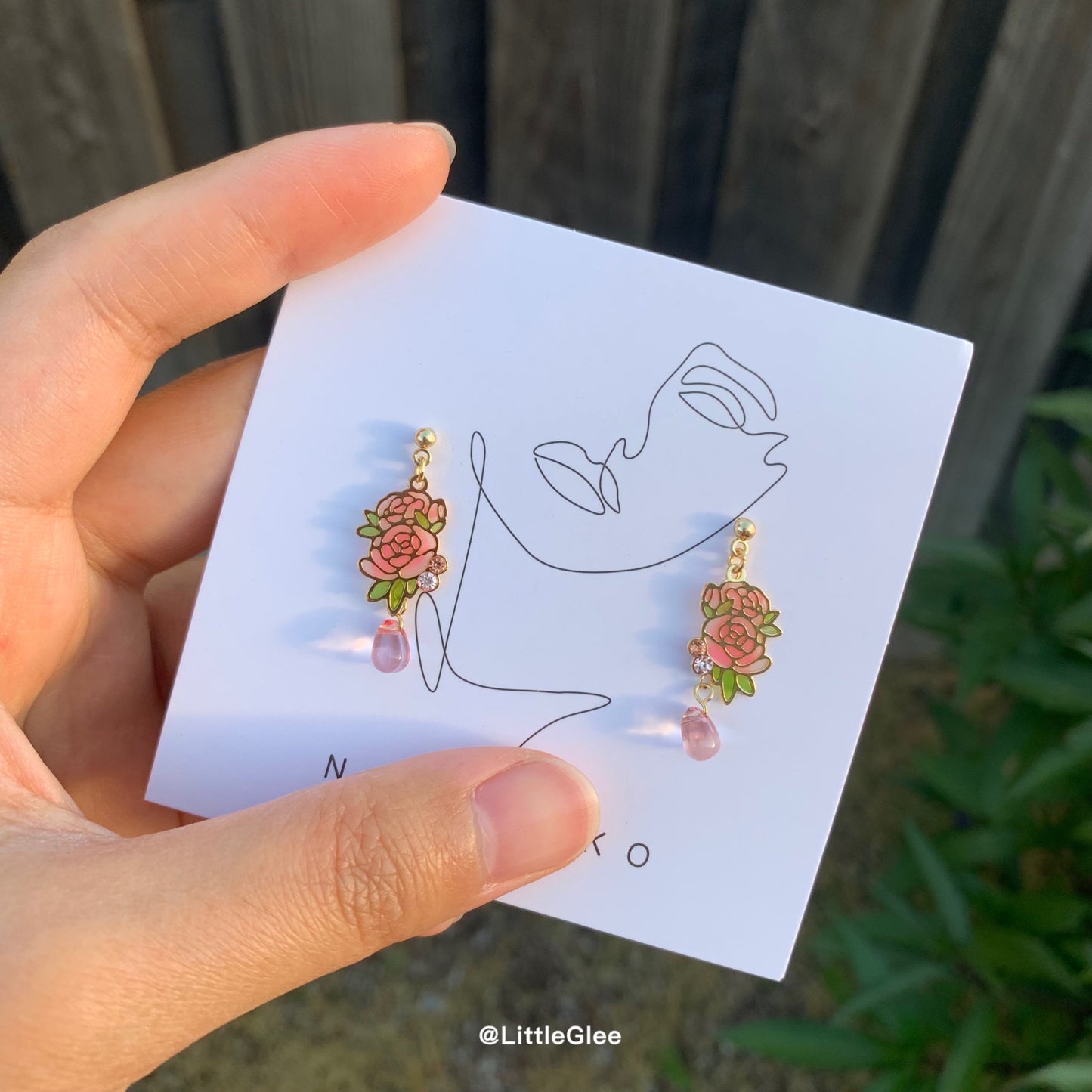 Asymmetric Elegant Engrave Pink Chinese Peony Enamel Resign Earrings (S925 Post)