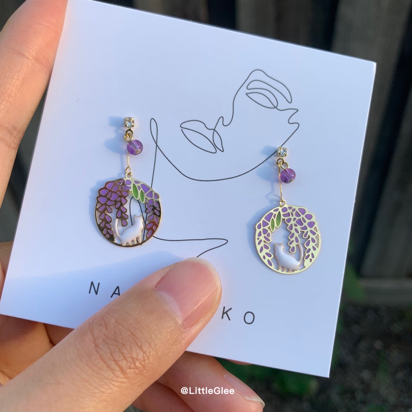 Wisteria Garden Cat Enamel Hand Painted Earrings (S925 Post)