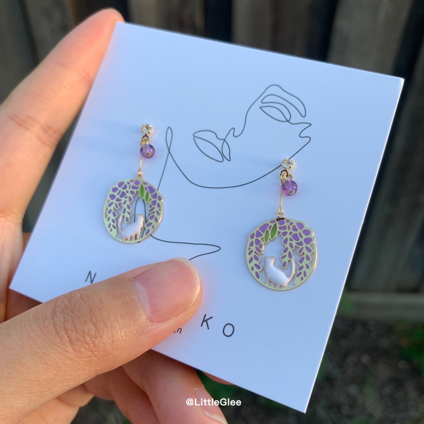 Wisteria Garden Cat Enamel Hand Painted Earrings (S925 Post)
