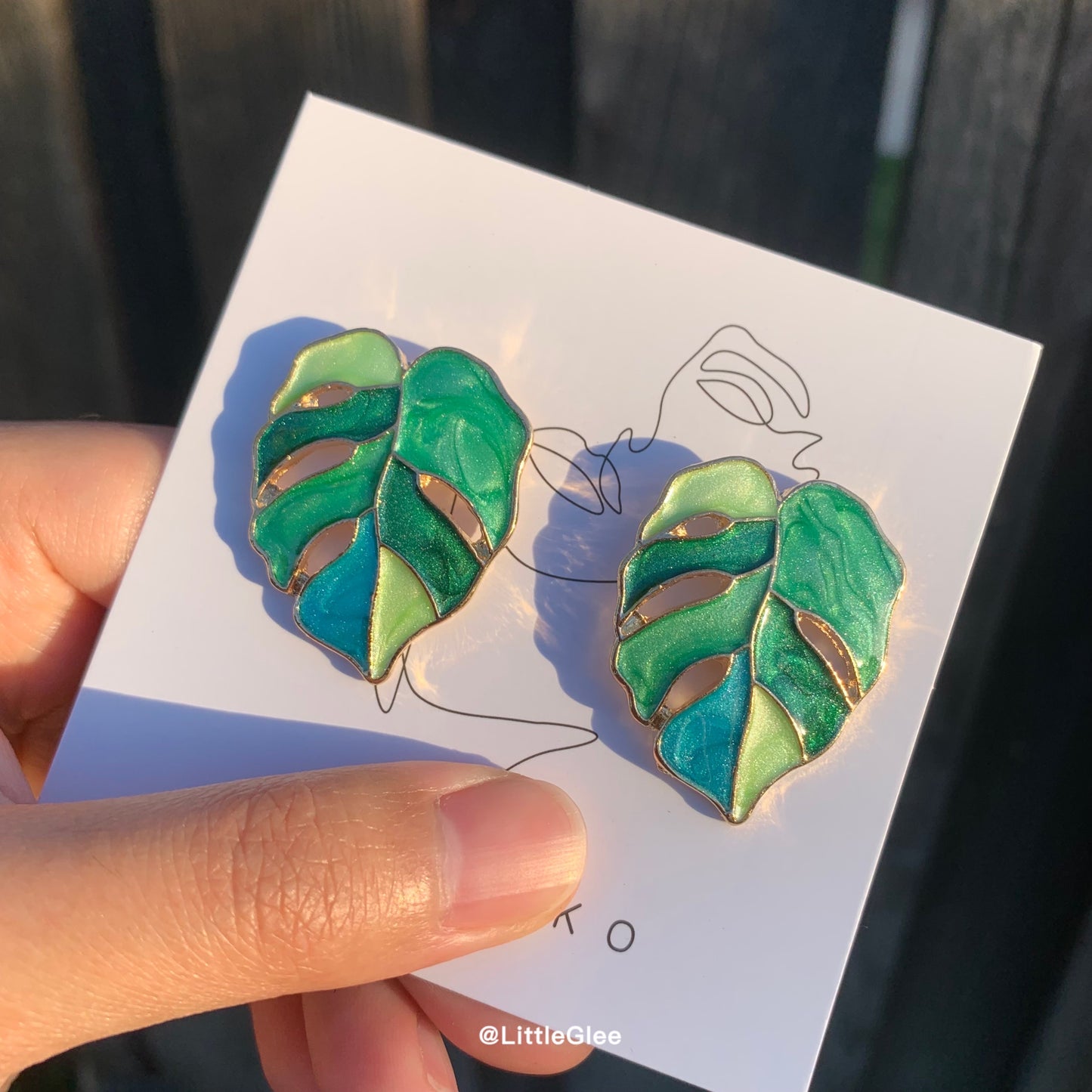 Variegated Monstera Enamel Leaf Drop Pendant Curve Earrings (S925 Post) #Green Blue