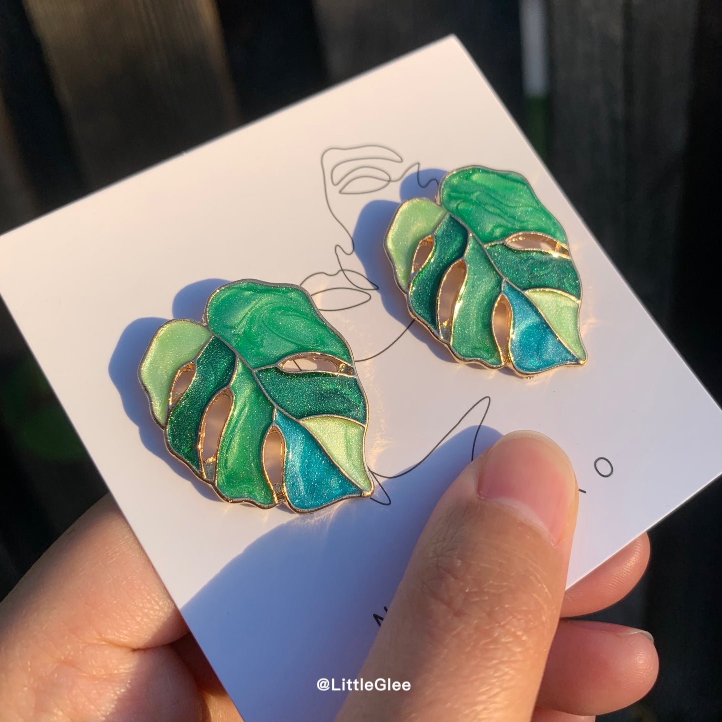 Variegated Monstera Enamel Leaf Drop Pendant Curve Earrings (S925 Post) #Green Blue