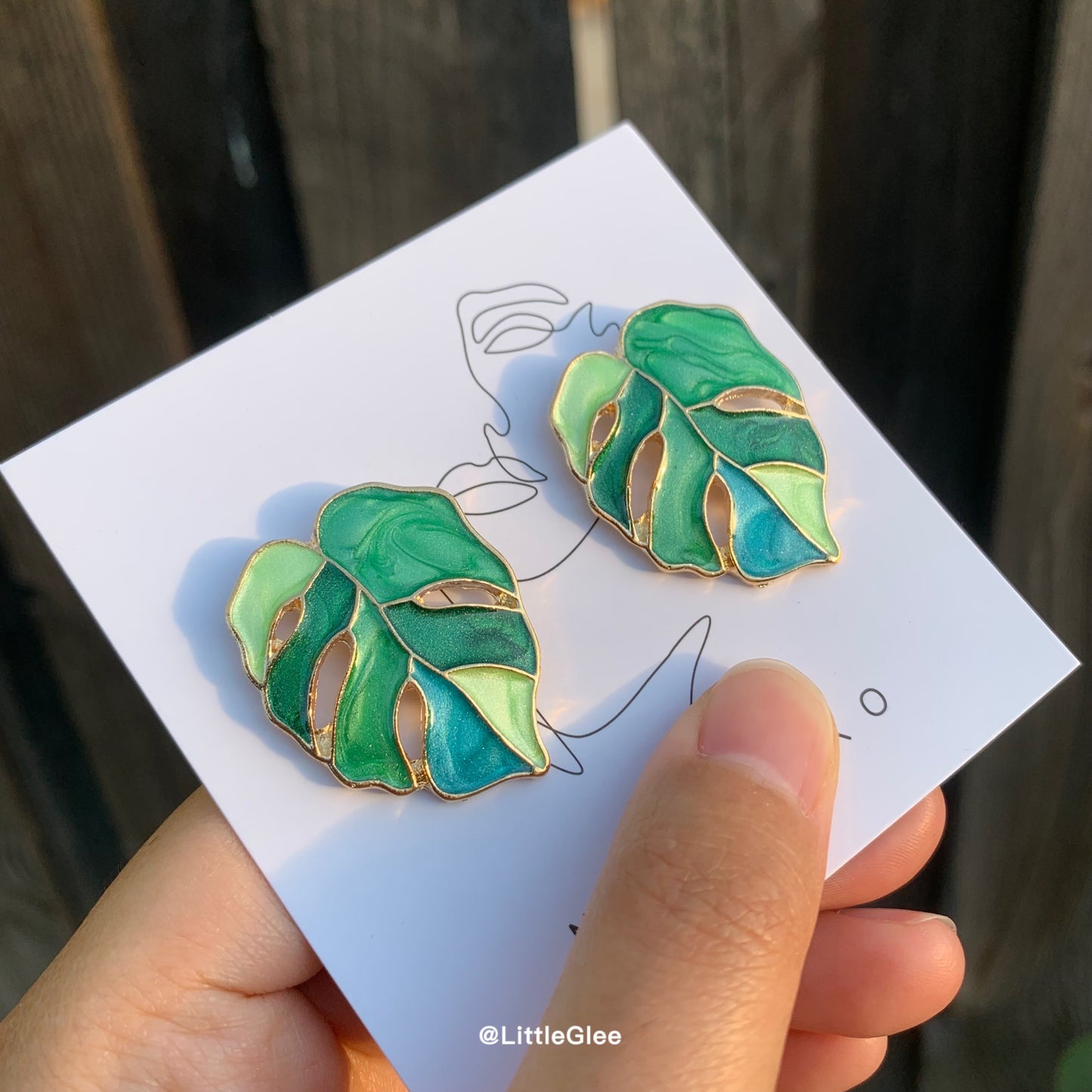 Variegated Monstera Enamel Leaf Drop Pendant Curve Earrings (S925 Post) #Green Blue