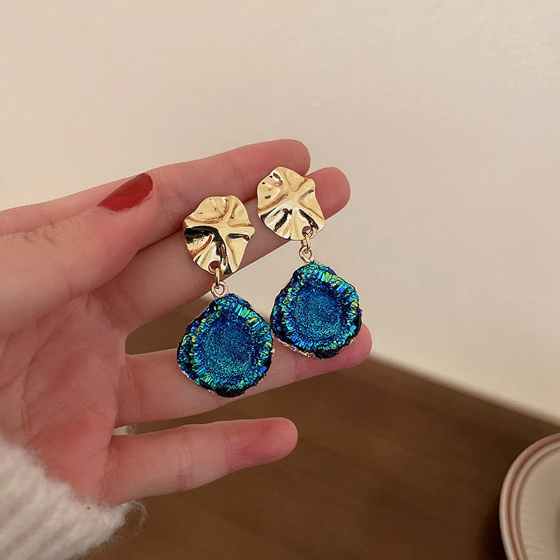 Vintage Gold Blue Green Imitation GemStone Geometry Irregular Earrings (S925 Post) #round