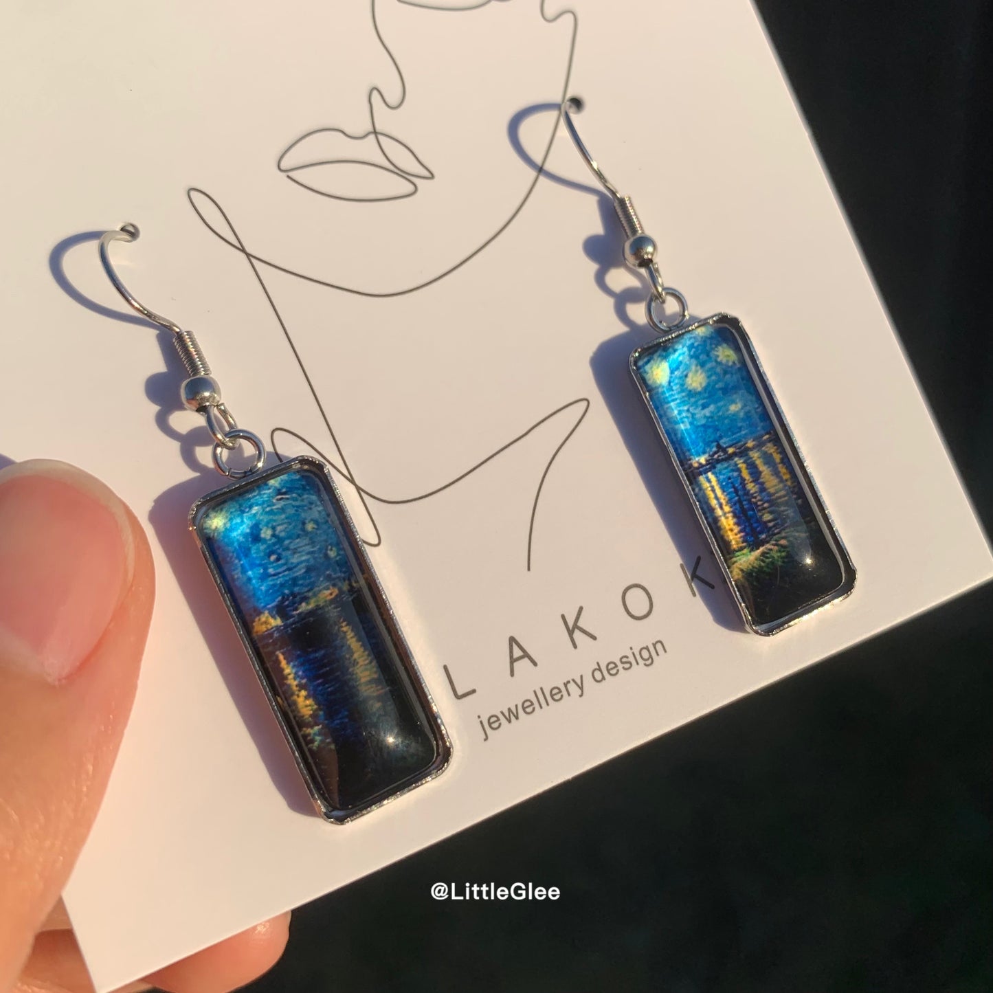 Van Gogh Starry Night Over the Rhone Curve Glass Earring (Stainless Steel Post)