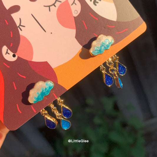 Oil Painted Cloud Raindrop Enamel 2 Ways to wear Earrings (S925 Post) #dark blue Raindrops