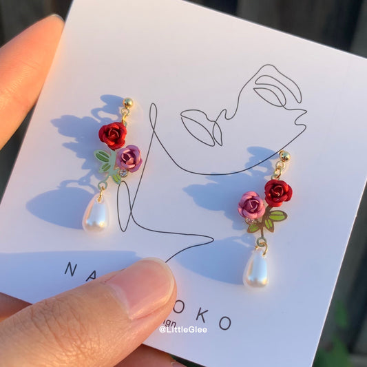 Purple Red Rose With Faux Pearl Earrings (S925 Post)