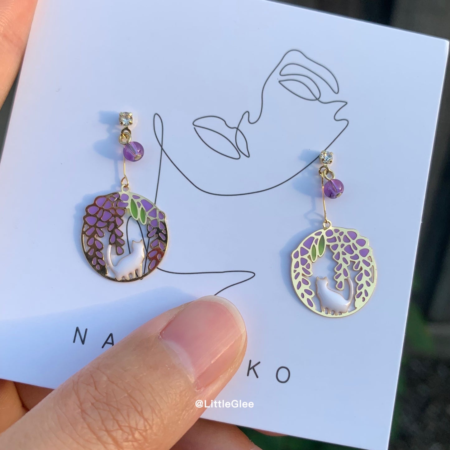 Wisteria Garden Cat Enamel Hand Painted Earrings (S925 Post)